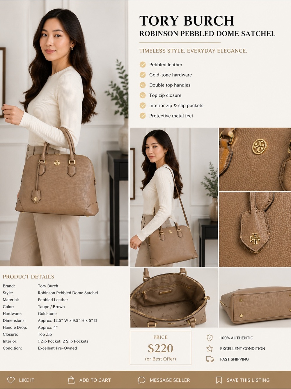 Tory Burch Cognac Taupe Pebbled Leather Satchel with Gold Hardware